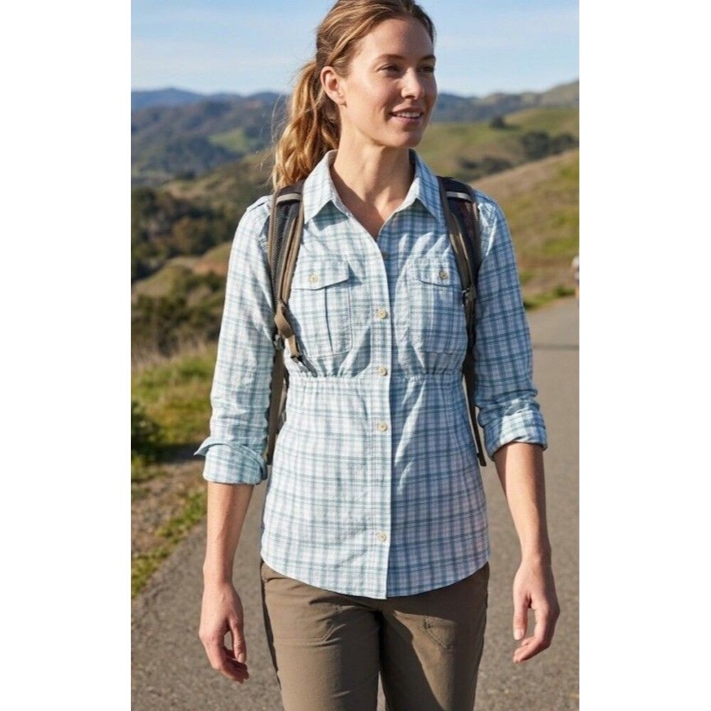 Rugged Exposure Women's XL Vented Hiking Shirt Teal Plaid Cinched Waist Outdoor